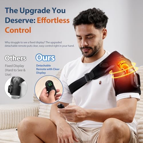 Cordless Shoulder Heating Pad with Magnetic Detachable Remote Control - Heated Massager Shoulder Wrap with 5 Vibration Modes & 5 Heating Levels, Gift for Men & Women, Black