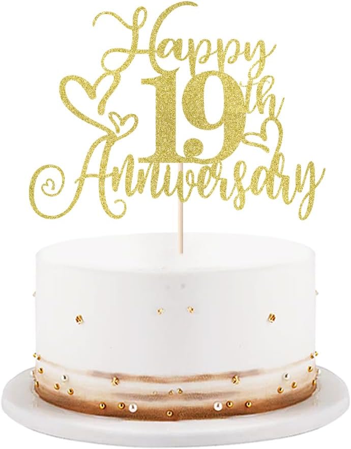 golden Glitter Happy 19th Anniversary Cake Toppers-Wedding Anniversary Party Decorations,gold Wedding Party，Birthday Party Decorations,Company Anniversary Party/19th Birthday Party Decorations (19th)