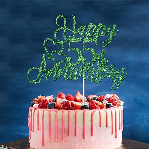 55th Anniversary Cake Topper，Company 55 Anniversary Party Decorations,55th Birthday/Wedding Anniversary/Emerald Wedding Party Decoration Supplies Green Glitter