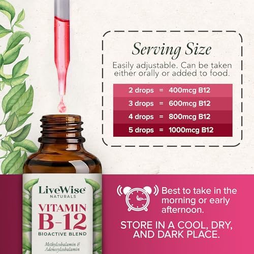 Organic Vitamin B12 1000 mcg Sublingual Liquid Drops For Adults, 6 Months Supply 1 oz, Methylcobalamin & Adenosylcobalamin - Bioactive Blend for Energy, Clarity & Focus - Vegan, Non-GMO, Unflavored