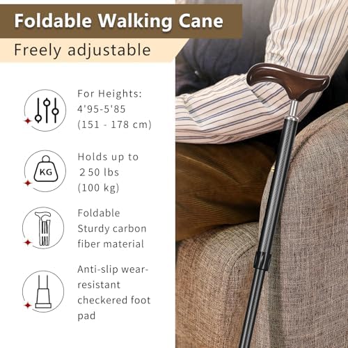 Wooden Handle Walking Cane - Carbon Fiber, Foldable and Adjustable, for Men and Women, Elderly and Seniors