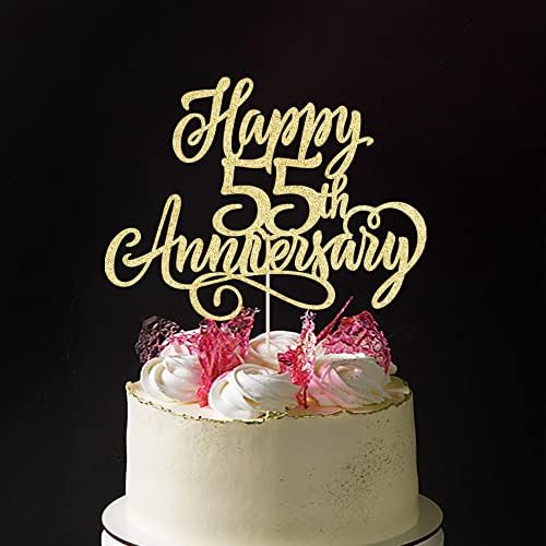 golden Glitter Happy 55th Anniversary Cake Topper - for Wedding Anniversary/Company Anniversary Party / 55th Birthday Party Decorations
