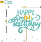 Sky Blue Glitter Happy 6th Birthday Cake Topper, 6.3" x 3.5" Cardboard & Wooden Stick, 1 Pre-Packaged, Perfect for Birthday Parties