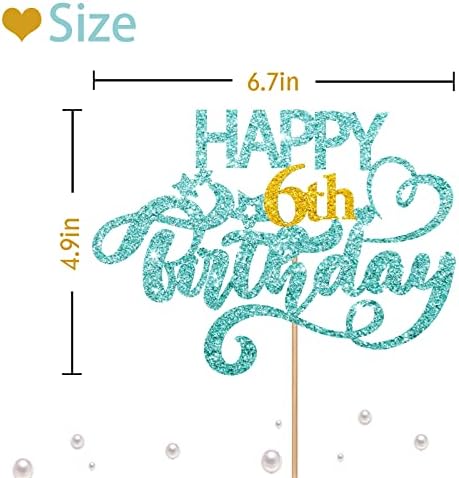 Sky Blue Glitter Happy 6th Birthday Cake Topper, 6.3" x 3.5" Cardboard & Wooden Stick, 1 Pre-Packaged, Perfect for Birthday Parties