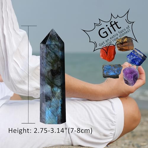 Runyangshi 3" Natural Labradorite Crystal Tower Healing Crystal Wand with 5PCS Rough Crystal Raw Stones for Reiki Chakra Meditation Therapy Decor Gift