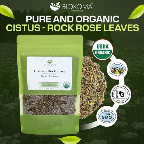 Biokoma Organic Cistus Rock Rose Loose Leaf 3.55oz Cistus Incanus Dried Leaves USDA Organic Herbal Tea Immune Respiratory Support Resealable Pouch Caffeine-Free Pure No Preservatives Non GMO Kosher
