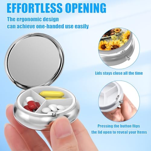 Sunflower Highland Cow Pill Case, Pill Box 3 Compartments Metal Small Pill Holder with Mirror Mini Travel Pill Container for Purse Pocket Women Men