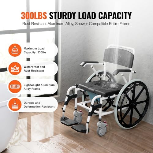 VEVOR Shower Wheelchair, 17.5in Width Aluminum Alloy Bathroom Wheelchair for Inside Shower, Adjustable Rolling Shower Chair w/Brake for Disabled Adult, 300 lbs Capacity Shower Commode Transport Chair