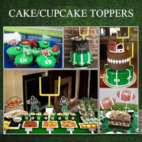 BiBo Football Cake Topper Decorations, 36 PCS Football Themed Cupcake Toppers Include Field Goal Post/Mini Helmet and Rugby Ball/Toothpicks for Football Birthday Party Supplies.