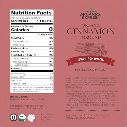 HQOExpress Organic Ground Cinnamon Powder - USDA Certified Organic - Gluten-Free - Keto Friendly - Non-GMO - Kosher - Sustainably Grown - 14oz Chef Jar