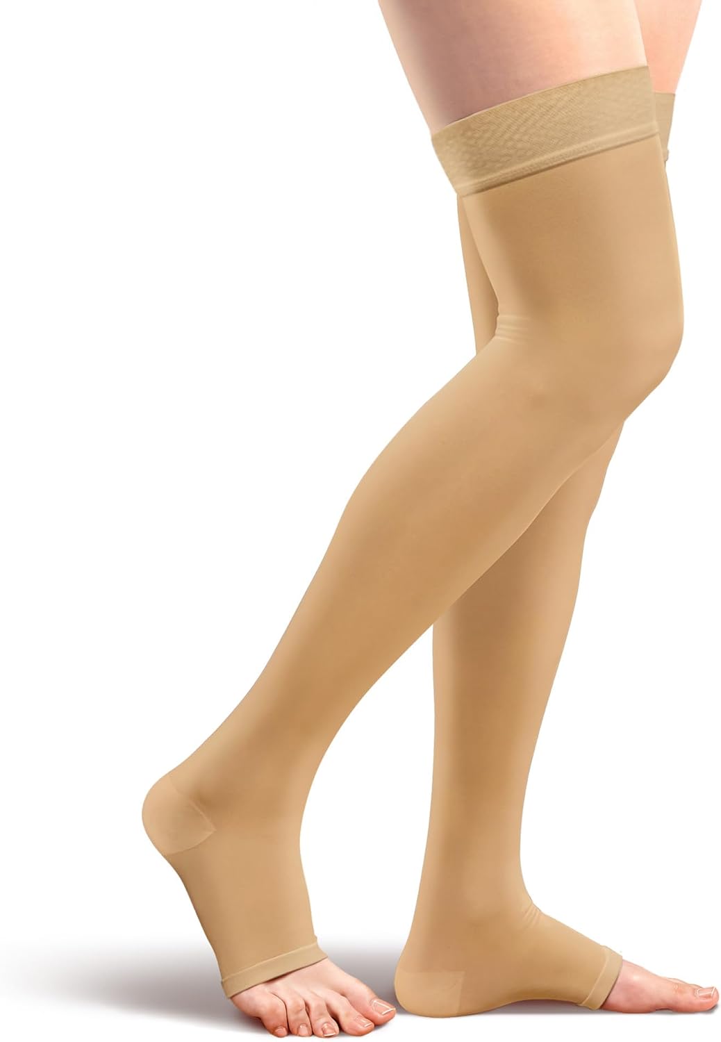 Amazon Basics Medical Compression Stockings, 20-30 mmHg Support, Women & Men Thigh Length Hose, Open Toe, Beige, Medium (Previously Amazon Basic Care)