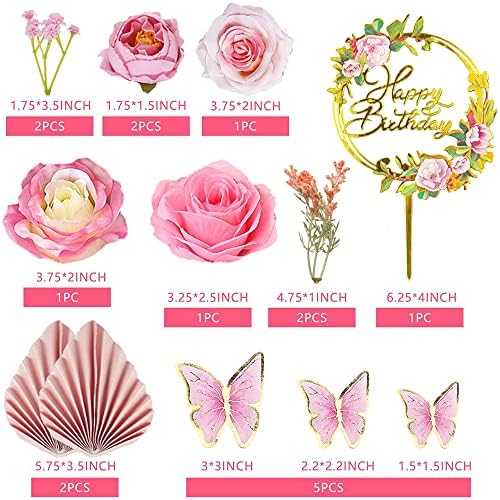 17 PCS Flower Cake Toppers Boho Cake Toppers Butterfly Cake Decorations with Light Artificial Roses Eucalyptus for Wedding Birthday Supplies (Light Pink)