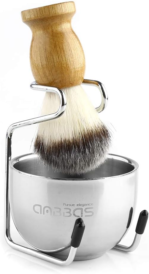 Anbbas 3IN1 Shaving Brush Set, with Synthetic Badger Hair Wood Handle,Stainless Steel Stand and Bowl,Perfect for Men Traditional Wet Shave