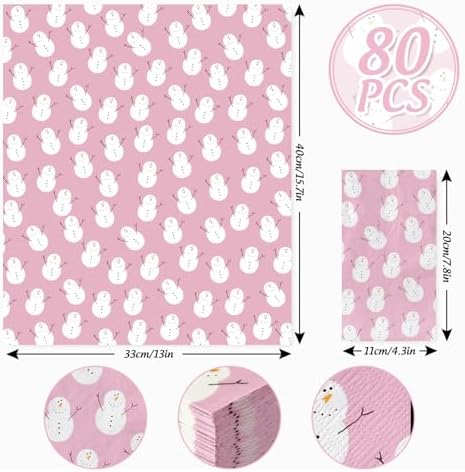 80Pcs Pink Christmas Guest Napkins Winter Snowman Disposable Paper Napkin Cute Xmas Holiday Party Decorative Dinner Hand Napkin Towel for Wedding Birthday Party Supplies, 13 x 15.7 inch