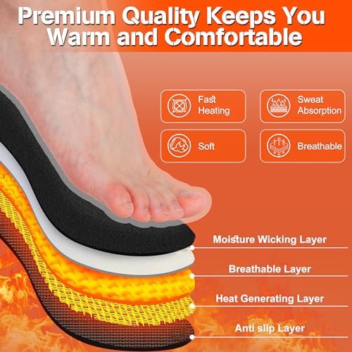 Heated Insoles Rechargeable, 5000 mAh Battery with APP Control, Foot Warmers with 4 Heating Levels for Men and Women, Skiing, Outdoor Winter Use, Washable and Trimmable