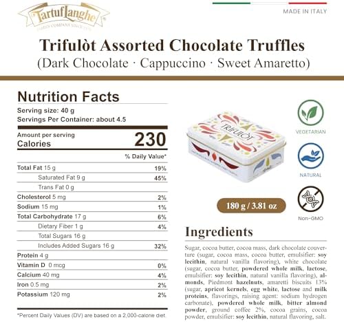 TartufLanghe Trifulot 15 Assorted Chocolate Truffles in Metal Gift Box - Italian Dark Chocolate Truffles with Piedmont Hazelnuts, White Cappuccino, and Creamy Milk Amaretto with Almonds - 3.80 oz