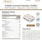 TartufLanghe Trifulot 15 Assorted Chocolate Truffles in Metal Gift Box - Italian Dark Chocolate Truffles with Piedmont Hazelnuts, White Cappuccino, and Creamy Milk Amaretto with Almonds - 3.80 oz