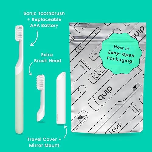 Quip Sonic Electric Toothbrush for Adults - Time Travel & Soft Bristles with Travel Case & Replacement Brush Head - 3 Month Battery Life, Plastic Handle - Sage