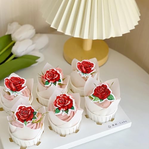 40 PCS Edible rose Cupcake Toppers Wafer Paper Red Rose Flower Cupcake Picks Rose Drink Topper Wedding Engagement Themed Party Valentine's Day Birthday Party Cake Decoration