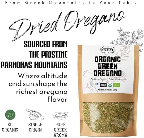 Apsogo Organic Greek Oregano - Premium Dried Oregano from Greece (7.05 oz) Authentic Leaves & Seasoning for Cooking, Freshly Dried, Fine Texture, Resealable Eco Pouch