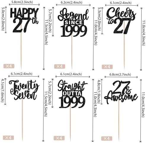 24PCS Black Happy 27th Birthday Cupcake Toppers Twenty Seven Straight Outta 1999 Cupcake Picks Cheers to 27 Lengend Since 1999 Cake Decorations for 27th Birthday Anniversary Party Decorations Supplies