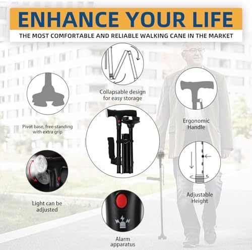 Ready Walker Cane, Cane for Men & Women, 3-in-1 Folding Cane with Alarm and Light, Adjustable, Free Standing, Collapsible Walking Stick for Seniors Balance with a Second Handle, for 5'8" - 6'3"