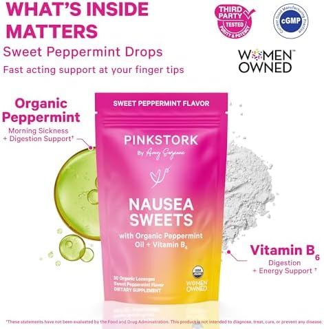 Pink Stork Organic Peppermint Sweets for Morning Sickness and Motion Sickness Support, Added Vitamin B6, 1st Trimester Pregnancy Must Haves - 30 Wrapped Peppermint Candies