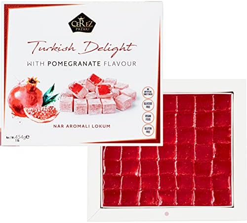 Turkish Delight Pomegranate Flavor, Gourmet Medium Size Snacks Gift Box, Sweet Luxury Traditional Confectionery, Vegan Soft Candy Dessert Loukoumi, Nuts & Glucose-Free Lokum, Approx. 42 Pcs, 16 oz.
