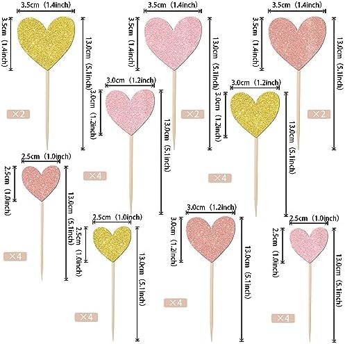 Rsstarxi 30 Pack Heart Cupcake Toppers Glitter Baby Shower Cupcake Picks Decorations for Bridal Shower Wedding Engagement Kids Birthday Valentine's Day Party Cake Decorations Pink Gold Rose Gold