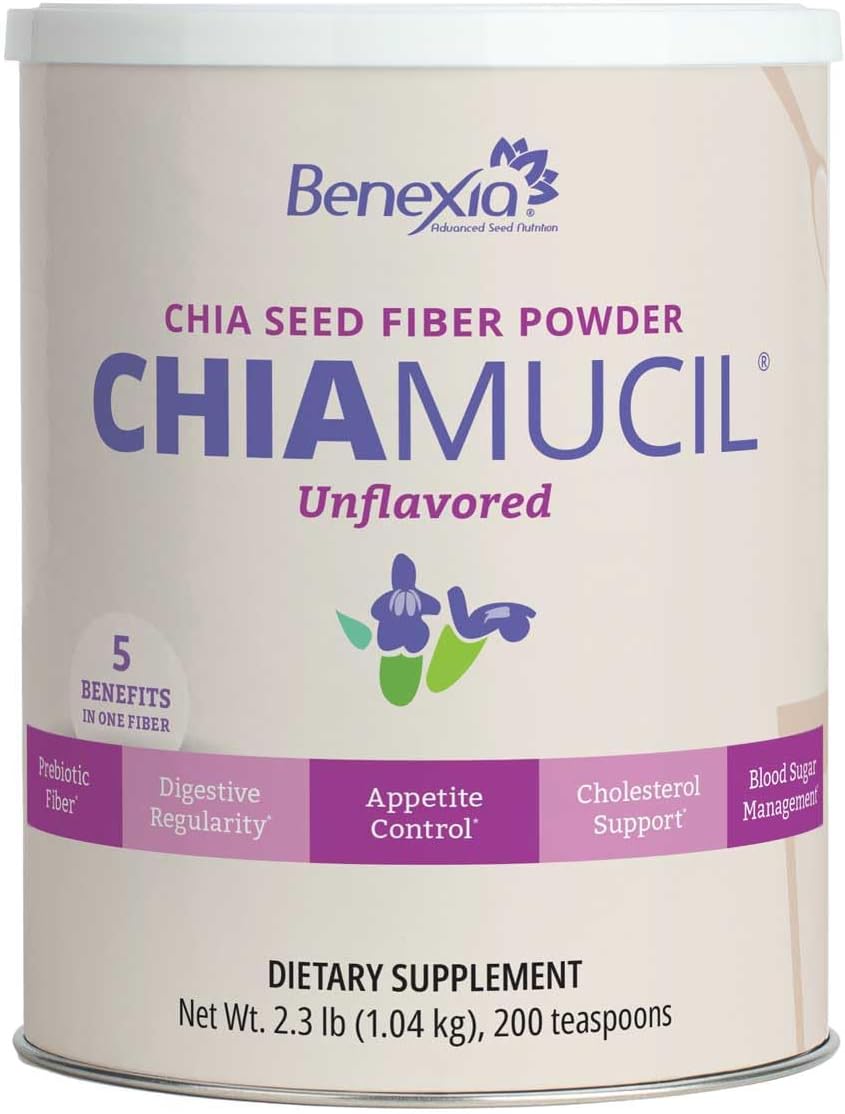 Chiamucil Prebiotic Chia Fiber Supplement Powder – For Appetite Control & Digestive Health – Chia Fiber & Chicory Root (Inulin) – Gluten & Sugar Free, Vegan, Non-GMO, Unflavored - 100 servings