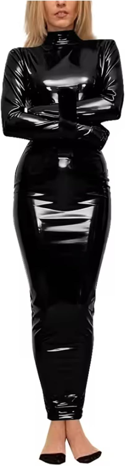 Wetlook PVC Long Hobble Dress Club High Neck Tight Pencil Dresses Party Cosplay Sissy Bodycon Vestidos