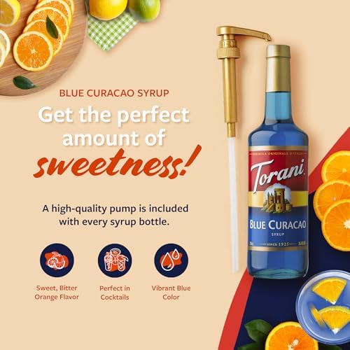 Torani Blue Curacao Syrup, Non-Alcoholic Flavoring for Drinks, Glass Bottle with Pump Included, 25.4 Fl Oz