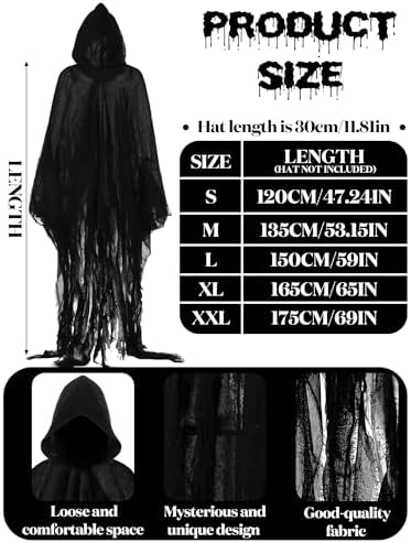 Geyoga Grim Reaper Costume Scary Hooded Cape Witch Costume Hooded Cape for Adult Women Man Cosplay Props