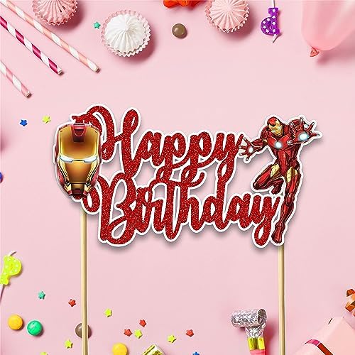 "Irn Man Happy Birthday Cake Topper – Superhero Theme Birthday Party Decoration for Adults – Durable Glitter Cake Topper for Boys Girls, Comic Hero Themed Birthday Party Supplies for Cake Décor"