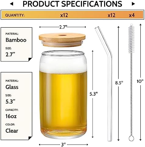 [ 12pcs Set ] Glass Cups with Bamboo Lids and Glass Straw - Beer Shaped Drinking Glasses, 16 oz Iced Coffee Glasses, Cute Tumbler Cup for Smoothie, Boba Tea, Whiskey, Water - 4 Cleaning Brushes
