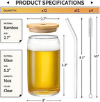 [ 12pcs Set ] Glass Cups with Bamboo Lids and Glass Straw - Beer Shaped Drinking Glasses, 16 oz Iced Coffee Glasses, Cute Tumbler Cup for Smoothie, Boba Tea, Whiskey, Water - 4 Cleaning Brushes