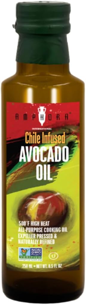 Amphora International Chile-Infused Avocado Oil | Naturally Refined, High-Heat Cooking Oil (500°F) | Expeller-Pressed | Bold & Spicy Flavor | Ideal for Sautéing, Roasting & Grilling | Glass Bottle | Pack of 6 (8.5 oz Each)
