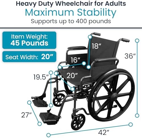 Vive Bariatric Wheelchair for Adults (Supports 400 lbs) - Foldable, Heavy Duty, Manual & Transport Wheel Chair - Portable Senior Drive Travel Scooter for Transfers - Wide 20" Seat