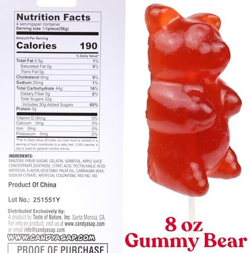 Gigantic Gummy Bear Lollipop, Cherry Flavored Giant Gummi, Great Candy Gift, 8 Ounces