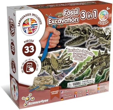 Science4you Dinosaur Fossil Excavation 3 in 1 - Fossil Digging Kit for Kids: T-Rex & Triceratops & Stegosaurus, 3 Dinosaurs Toys for Kids, 37 Pieces, Toys, Games, Gifts for 6+ Year Old Boys and Girls