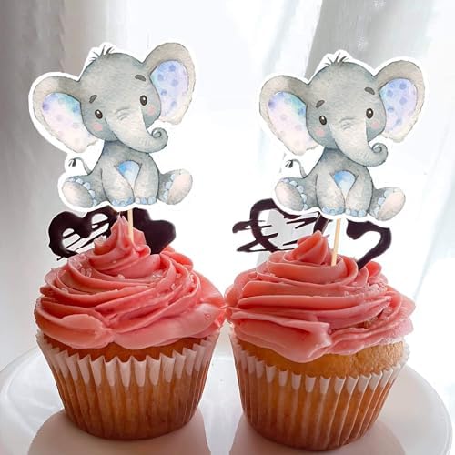 24Pcs Gender Reveal Cupcake Toppers Blue Elephant Cupcake Picks for Elephant Theme Baby Shower Kids Boy or Girl Birthday Party Decorations Supplies