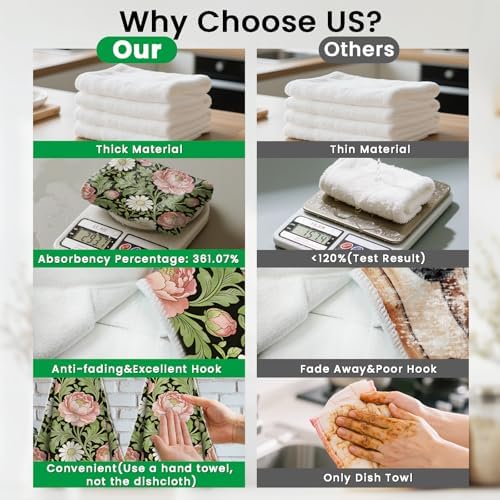 CUTHOLLOW William Morris Floral Hanging Kitchen Towels with Loop, Set of 2 - Soft & Super Absorbent Microfiber Decorative Hanging Dish & Hand Towel, Tea, Coffee Towel for Kitchen Bathroom Oven Handle