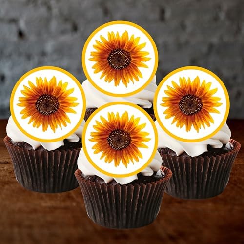 48 Sunflower Edible Cupcake Toppers, Wafer Card Cupcake Decorations, Mini Sunflower Edible Cake Decorations, Sunflower Cake Toppers - 48 x 1.18 Inch 3cm Uncut