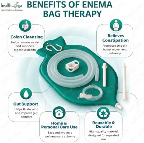HealthAndYoga™ NaturoFlo Superior Enema Bag Kit with Silicone Tubing Hose and Fittings - 2 Quart Fountain Open top Kit for Fleet Enema and Anal Douche - Green