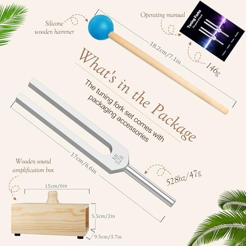 528Hz Tuning Fork with Wooden Resonance Box, Aluminum Alloy & Silicone Hammer for Meditation, Stress Relief & Chakra Balancing