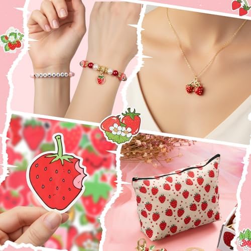 Landical 60 Pcs Strawberry Gift Basket for Christmas Include 12oz Tumbler Cup Makeup Bag Sock Bracelet Necklace Scrunchie Greeting Card Keychains Stickers Hair Clip in Gift Box for Women Party