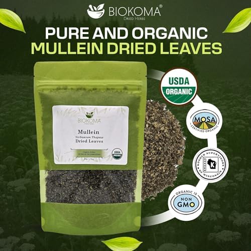 Biokoma Organic Mullein Dried Leaves 50g 1.76oz Verbascum thapsus USDA Organic Herbal Tea Lung Detox Respiratory Support Immunity Resealable Pouch Pure Caffeine-Free No Preservatives No GMO Kosher