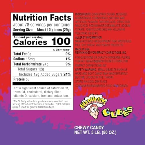WARHEADS Cubes - Sour, Sweet & Fruity Chewy Candy with New Sour Fruity Flavors: Orange, Watermelon, Blue Raspberry, Black Cherry, Strawberry & Green Apple - 5 lb Bulk Bag