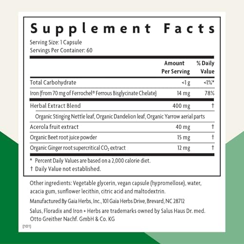 Floradix Iron + Herbs - Iron Supplement for Healthy Energy Support* - Supports Red Blood Cell Formation - Vegan, Non-GMO, Gluten-Free, Soy-Free - 60 Liquid Phyto-Caps