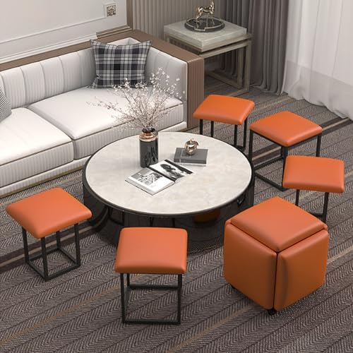 5 in 1 Nesting Ottoman Cube Chair, Leather Square Stackable Sofa Chair, Movable Footstool on Wheels for Bedroom, Living Room,Orange